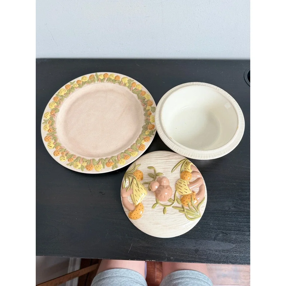Vintage Ceramic Mushroom Casserole Dish with Lid and Plate 3 Piece Set